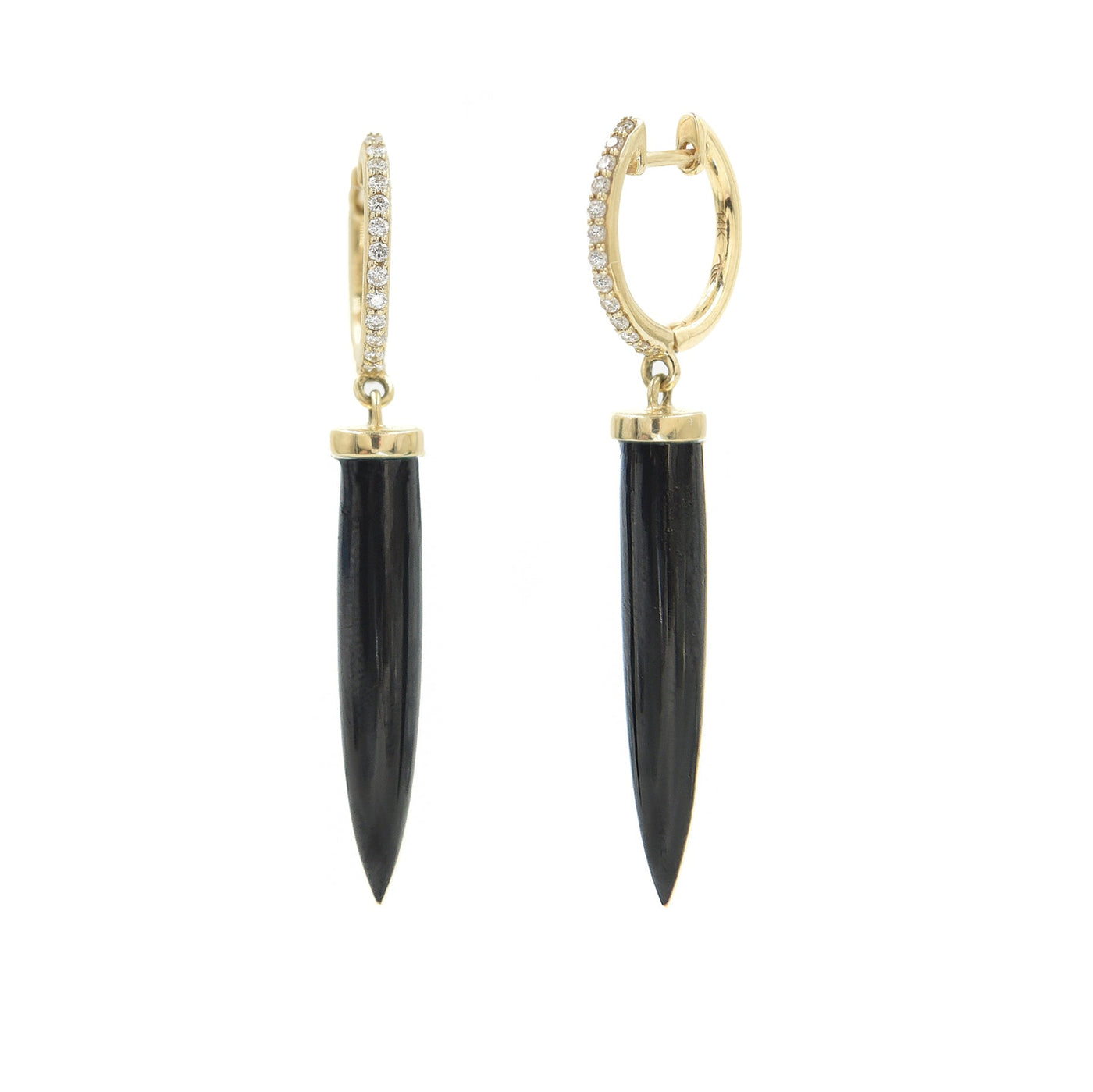 a diamond hoop in gold that has a spike hanging down that is black spinel. 