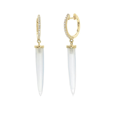 a diamond hoop in gold that has a spike hanging down that is chalcedony and ligt in color 