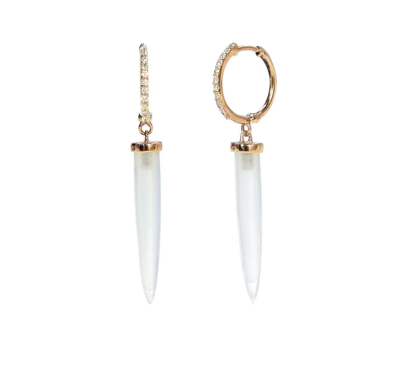 a diamond hoop in gold that has a spike hanging down that is chalcedony and ligt in color 