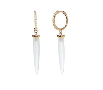 a diamond hoop in gold that has a spike hanging down that is chalcedony and ligt in color 