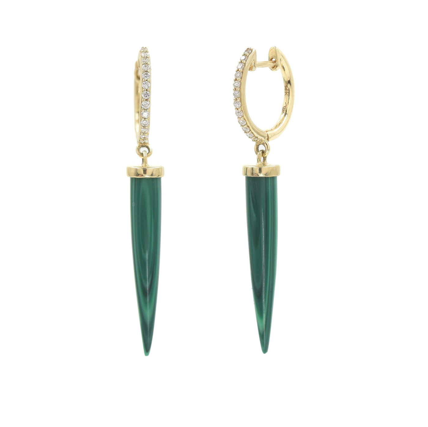a diamond hoop in gold that has a spike hanging down that is malachite and green 