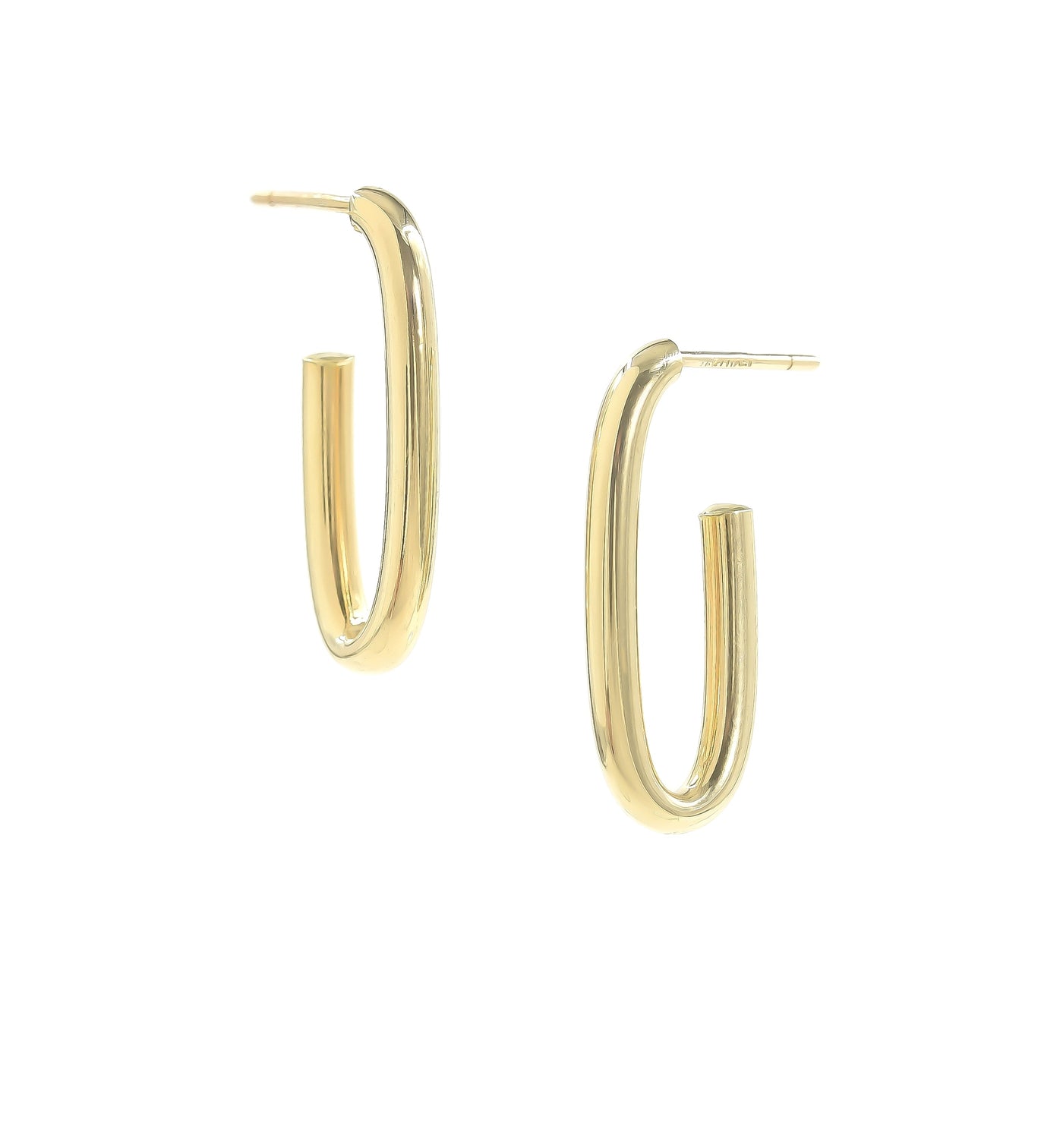 very basic yellow gold paperclip style earring on a post style or stud earring. 