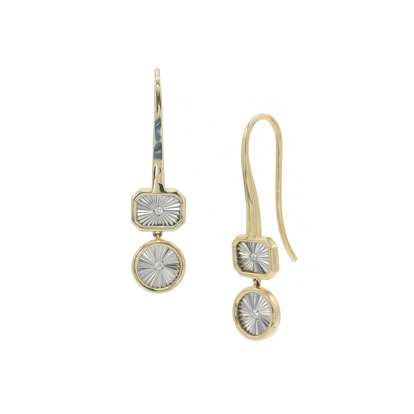 hook earrings in an art deco style with baguette diamonds aranged around one centeral diamond in a burts-like layout. the earring has two sections- the top is a cut cornered  rectangle and below that is a circle