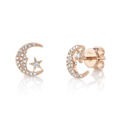 CRESCENT MOON & STAR PAVE DIAMOND STUDS