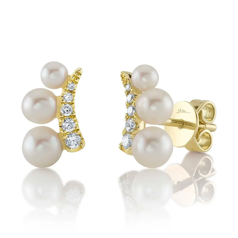 Diamond & Three Pearl Stud Earring